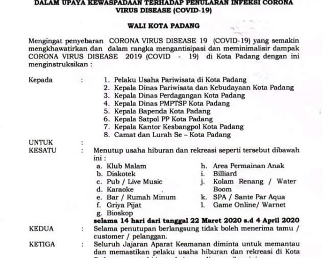 Walikota Padang Mengeluarkan Maklumat, 'Dalam Upaya Kewaspadaan Terhadap Penularan Infeksi Corona Virus Disease (Covid-19)