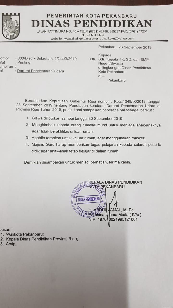 Status Keadaan Darurat Pencemaran Udara, Dinas Pendidikan Pekanbaru Liburkan Siswa Hingga 30 September 2019