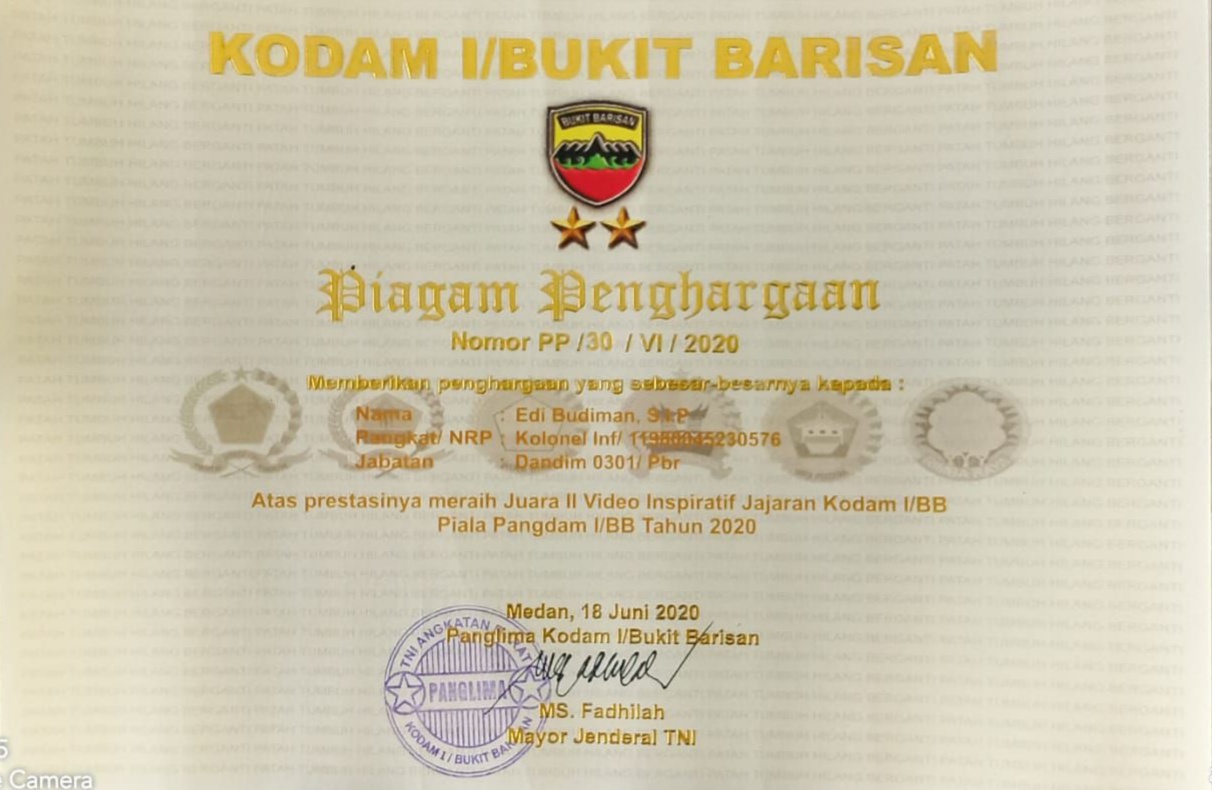 Kodim 0301/PBR Raih Juara II Lomba Video Inspiratif Dalam Rangka HUT ke-70 Kodam I/BB