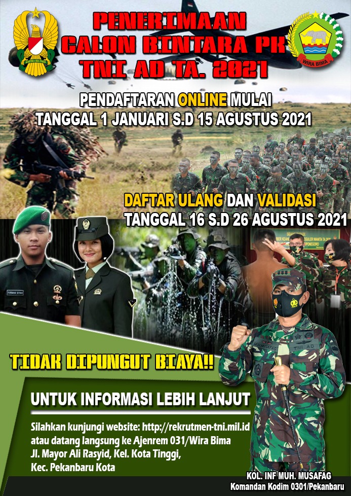 TNI AD Buka Penerimaan Bintara PK Reguler Pria TA 2021 di Wilayah Kodim 0301/PBR