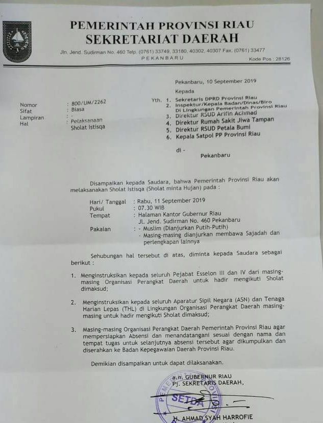 Besok Pagi, Pemprov Riau Akan Gelar Sholat Minta Hujan Di Halaman Kantor Gubernur