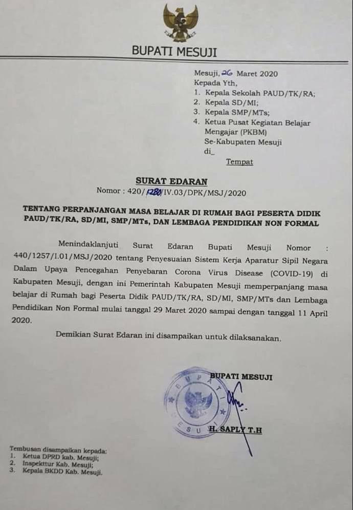 Bupati Mesuji Keluarkan Surat Edaran Tentang Perpanjangan Masa Belajar Di Rumah Bagi Peserta Didik Sampai 11 April 2020