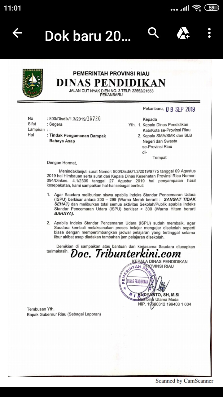 Dinas Pendidikan Provinsi Riau Keluarkan Surat Edaran Perihal Tindak Pengamanan Dampak Bahaya Asap