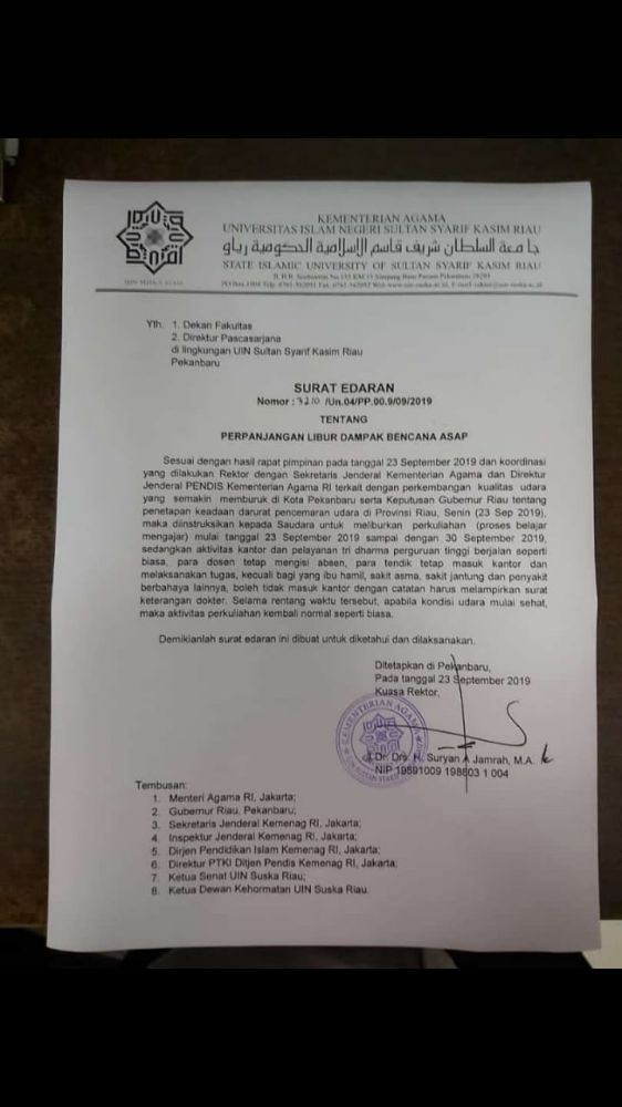 UIN Suska Riau Kembali Meliburkan Mahasiswanya Sampai Tanggal 30 September 2019 Mendatang