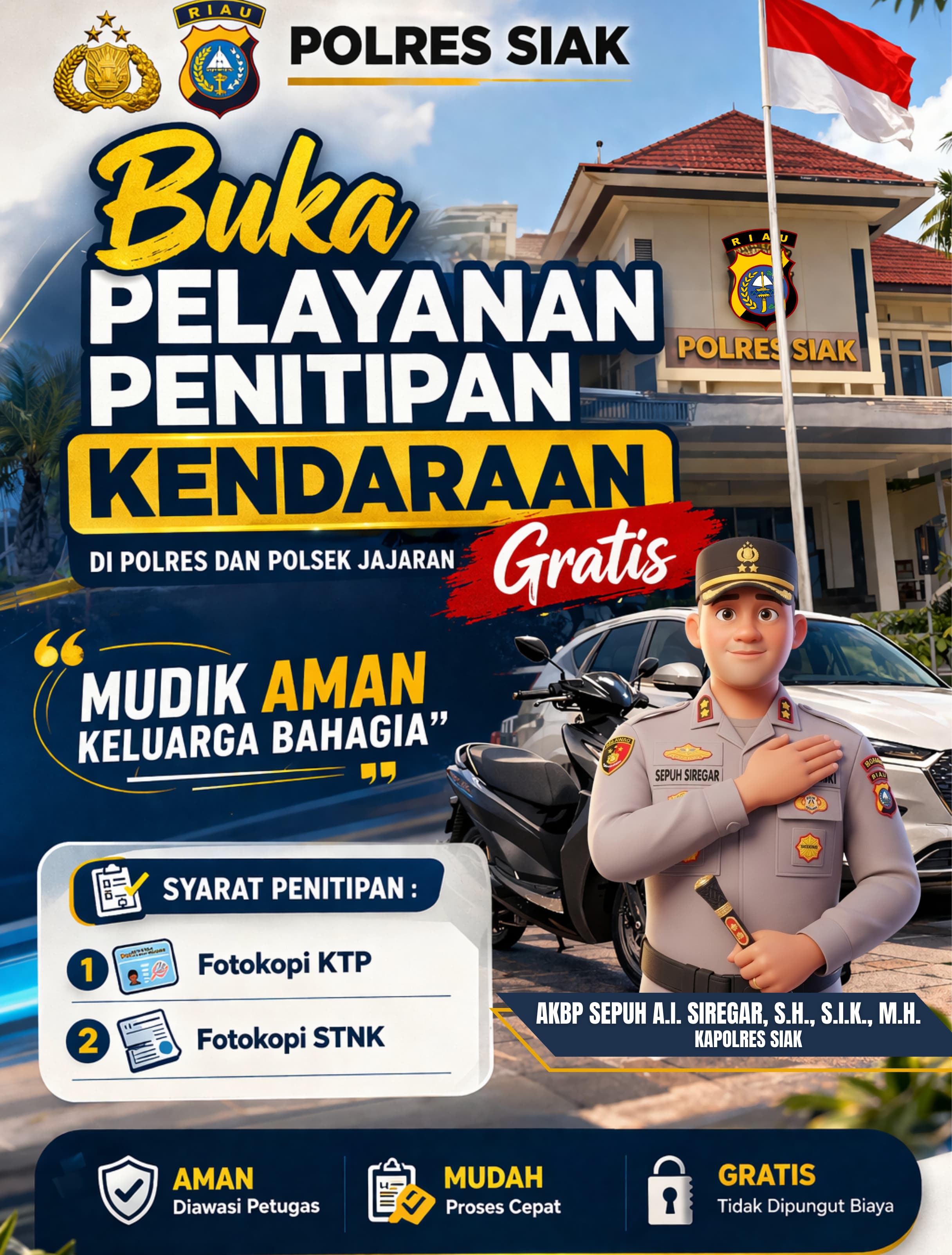 Polres Siak Buka Layanan Penitipan Kendaraan Gratis, Warga Bisa Mudik Lebih Tenang