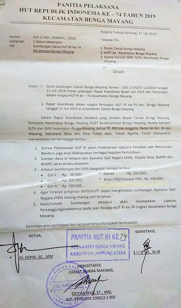 Ketua LSM Reformasi Meradang! Adanya Dugaan Pungutan Dalam Kegiatan HUT RI Ke 74 di Kecamatan Bunga Mayang
