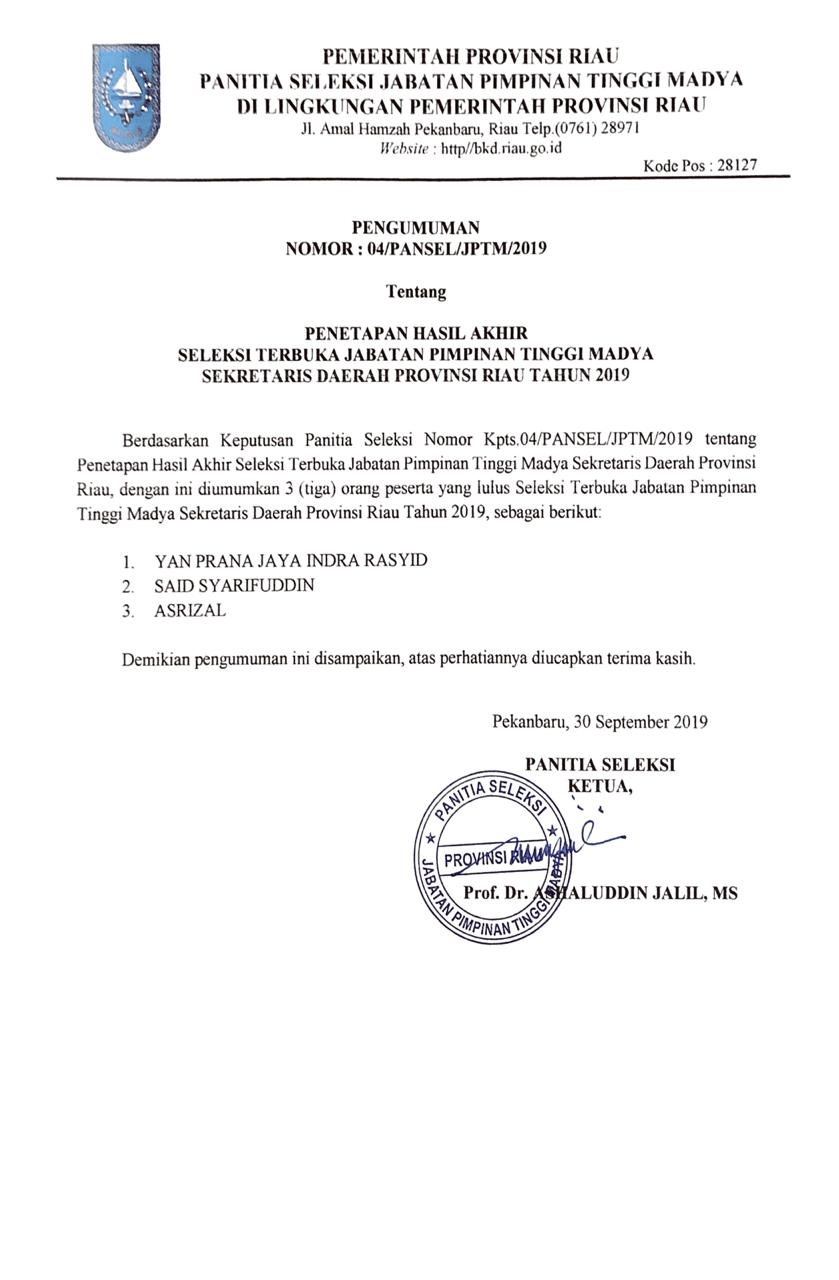 Pansel Jabatan Pimpinan Tinggi Madya Umumkan Tiga Calon Sekdaprov Riau
