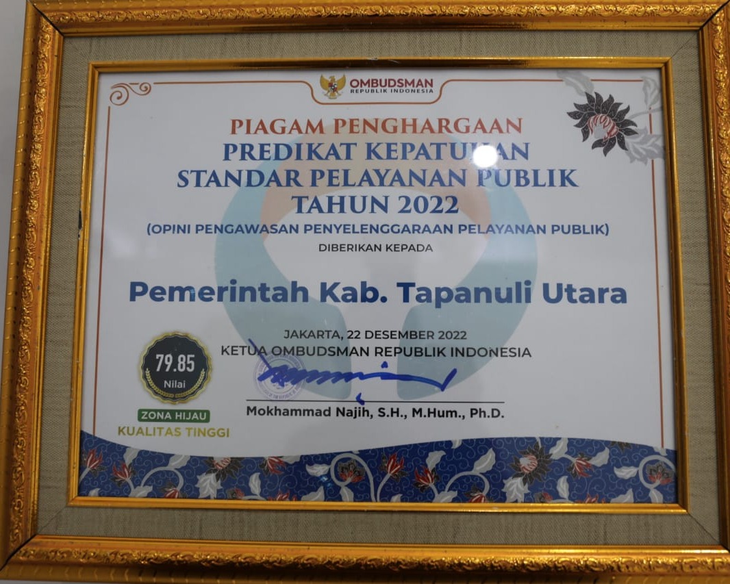 Bupati Nikson Nababan Bawa Pemkab Tapanuli Utara Raih Piagam Penghargaan Predikat Kepatuhan Tinggi Standar Pelayanan Publik