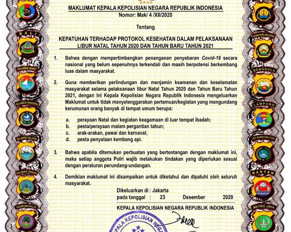 Cegah Penularan Covid-19 Pada Momen Hari Natal 2020 Dan Tahun Baru 2021, Kapolri Jenderal Idham Aziz Keluarkan Maklumat Kapolri