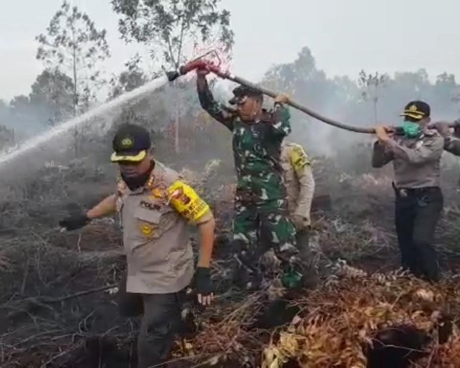 Kapolresta Pekanbaru Berserta Dandim 0301/Pekanbaru Berjibaku Memadamkan dan Pendinginan Lahan