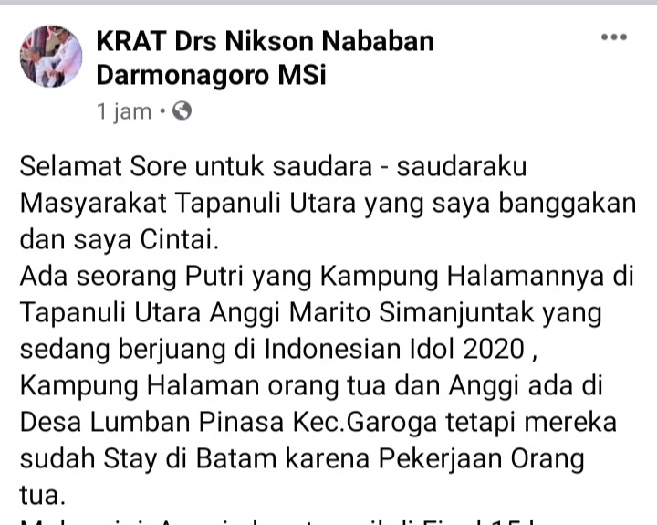 Bupati Taput Berikan Dukungan Kepada Anggi Marito Simanjuntak Putri Asal Tapanuli Utara di Indonesian IDOL 2020 Malam Ini