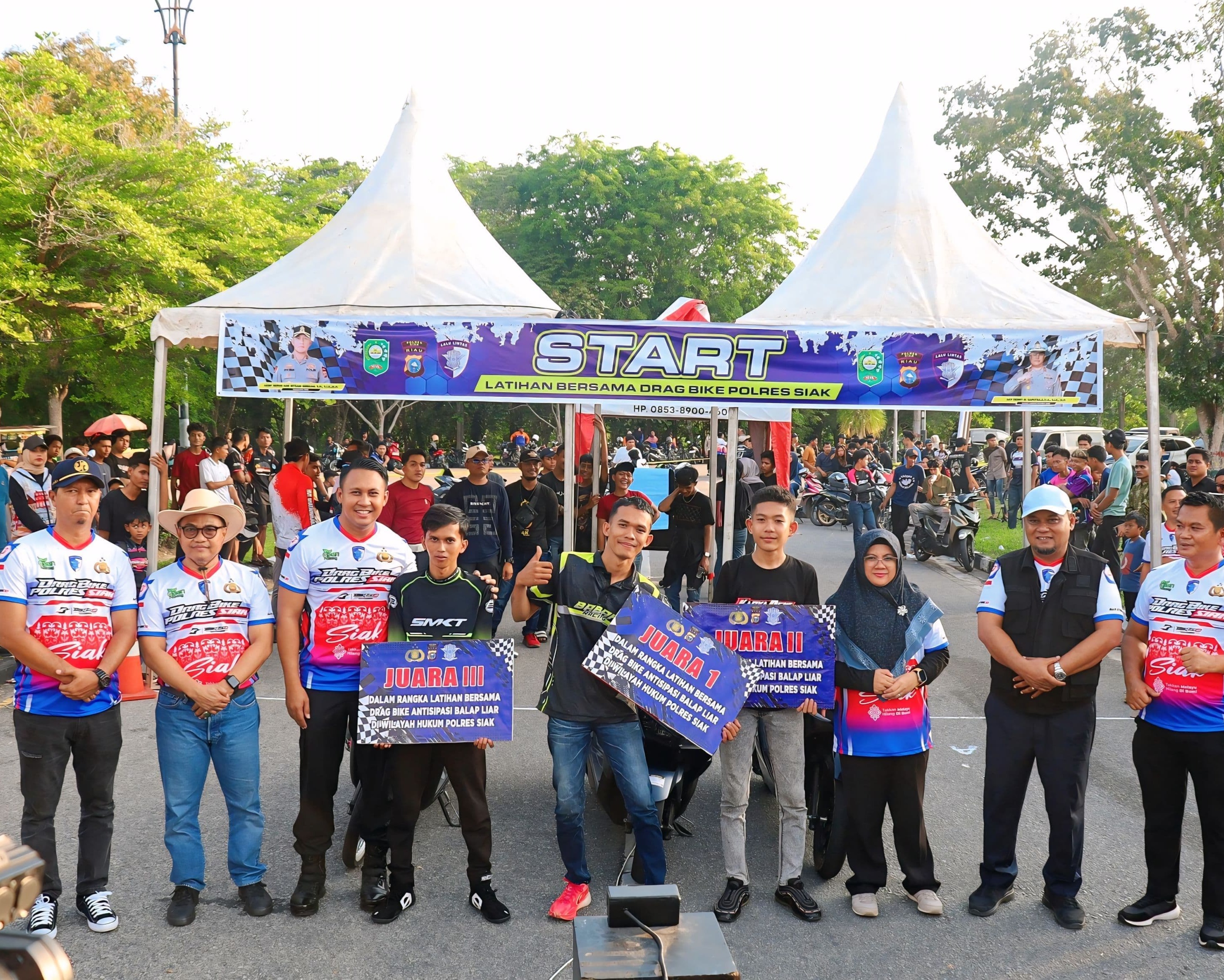 Tekan Aksi Balap Liar, Polres Siak Gelar Latihan Bersama Drag Bike Di Sirkuit Non Permanen Panglima Gimbam