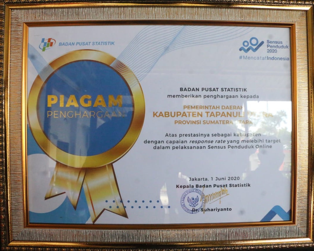 Bupati Taput Nikson Nababan Terima Dua Penghargaan Sekaligus Atas Prestasi Pelaksanaan Sensus Penduduk Online 2020