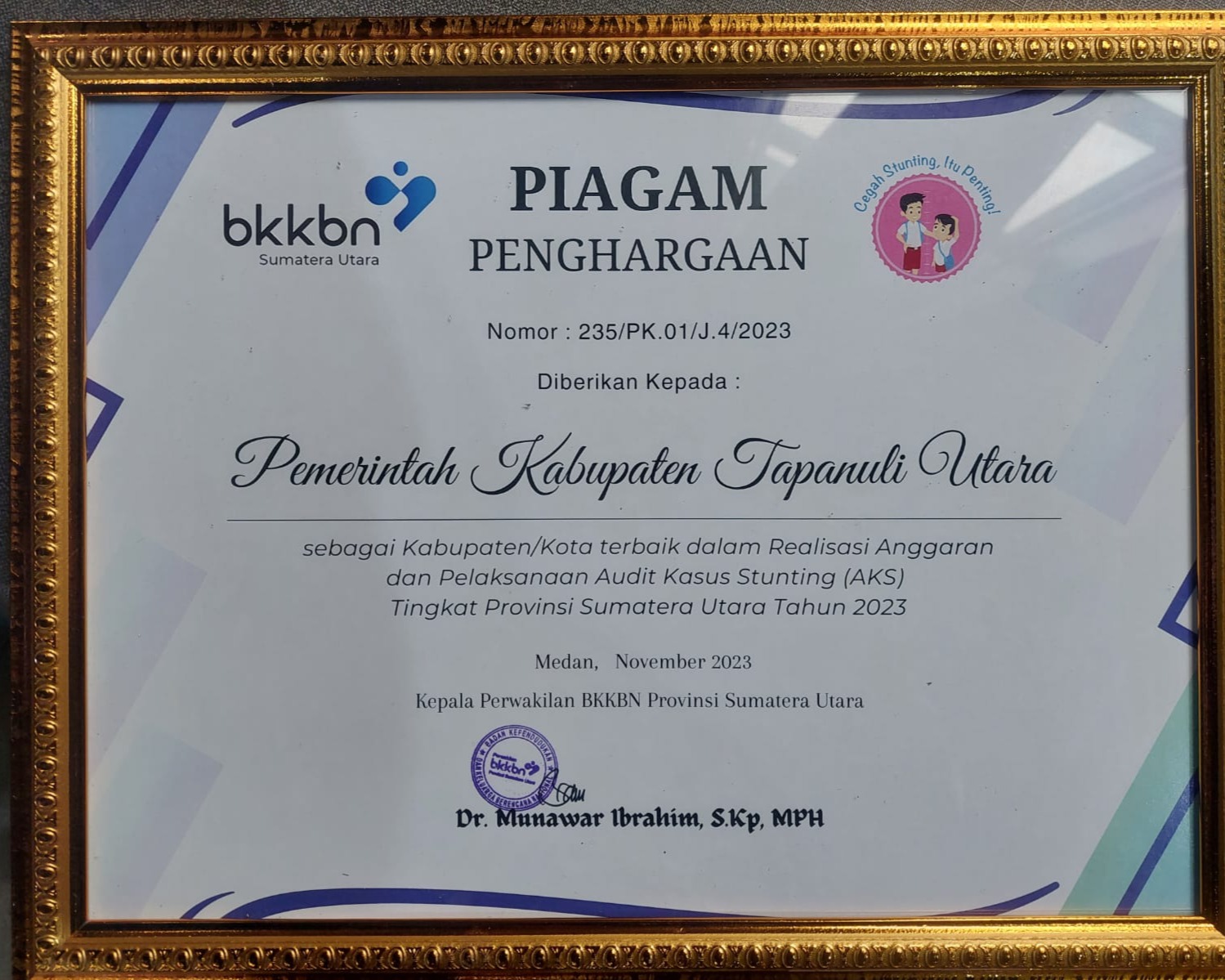 Kembali, Bupati Taput Raih Penghargaan Dari BKKBN Atas Praktek Baik Audit Kasus Stunting